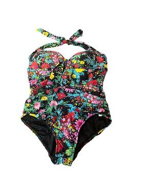 Seafolly Floral Halter Tie Back One Piece Swimsuit Ruched Sides Sz 8 (US)/12 (AU